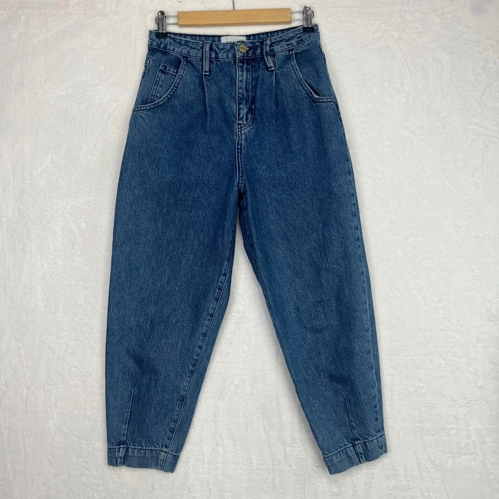 FRAME Pleated Barrel Leg Jeans Women's sz 25 Blue Campus Ultra High Rise Cropped